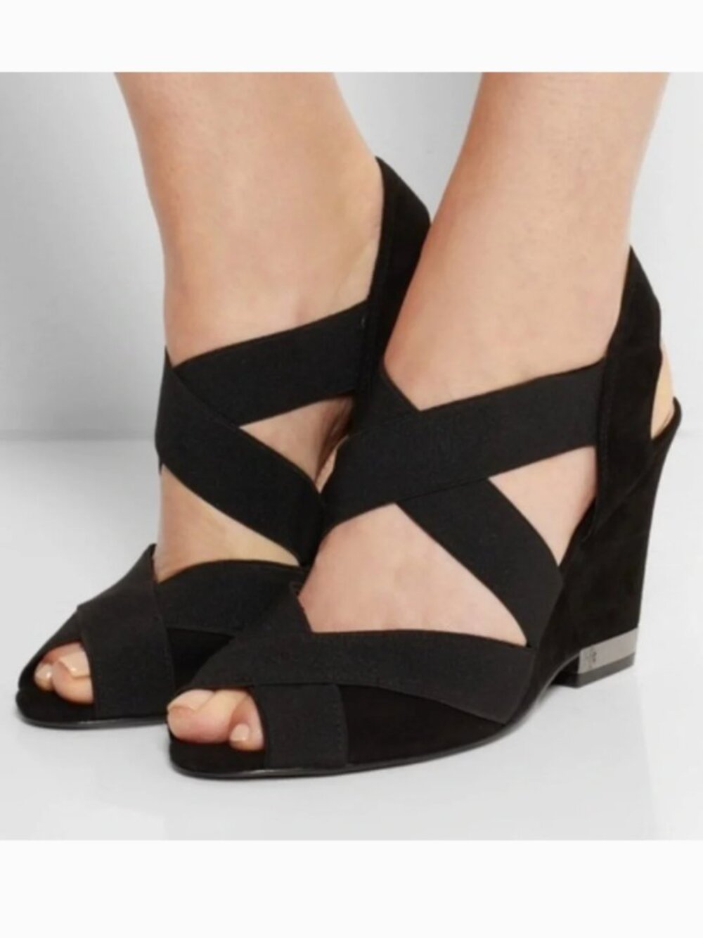 Tory Burch Debbie Sandals Slingbacks Wedge Logo Black Leather Textile Size 9M